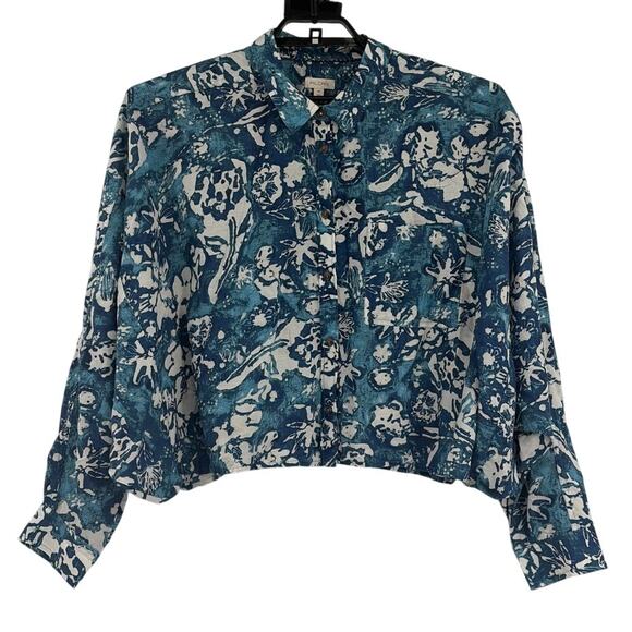 Pilcro Abstract Fkirak Crop Butto Top Sz XL Ruffle Indie Boho Anthro Boxy Resort - Picture 2 of 11